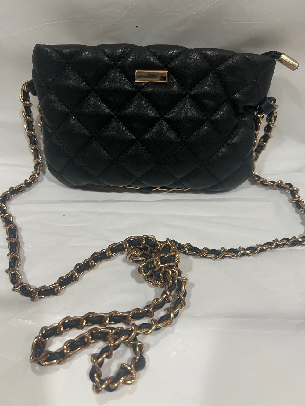 Quilted Black Leather Crossbody Bag with Gold Chain